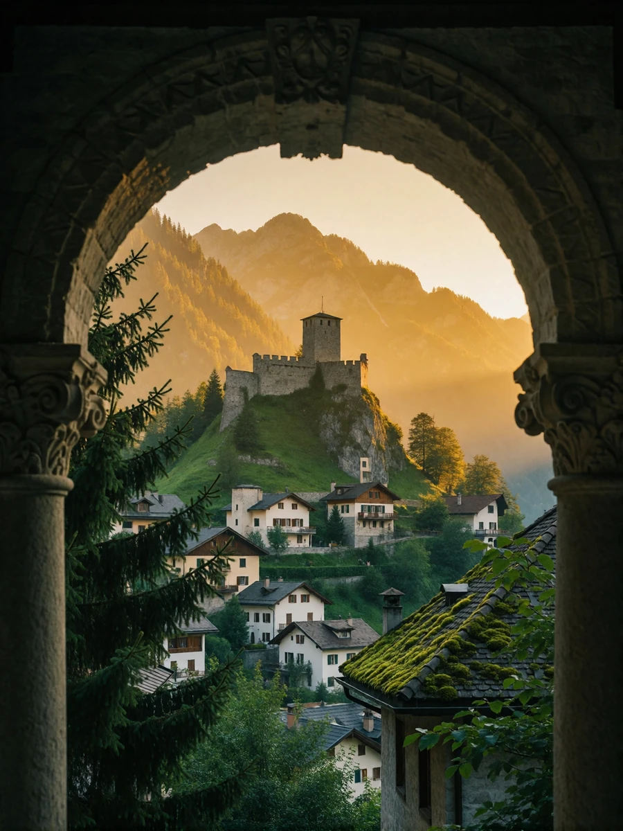 View through an ornate archway onto an Alpine principality townscape at golden hour