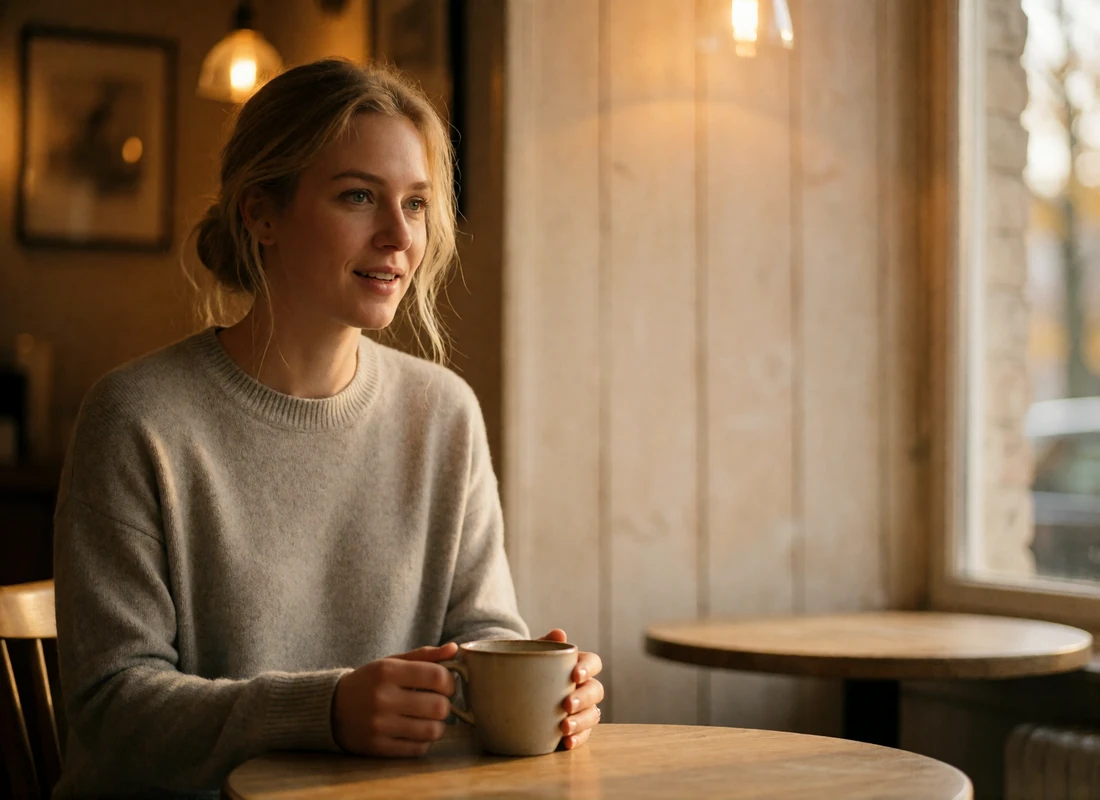 Swedish woman in a soft grey sweater holding a ceramic coffee cup mid-conversation in a light Stockholm cafe