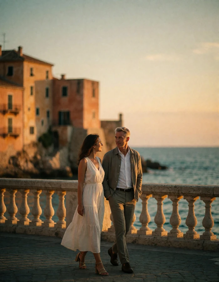 Couple walking together along a Mediterranean waterfront promenade at dusk