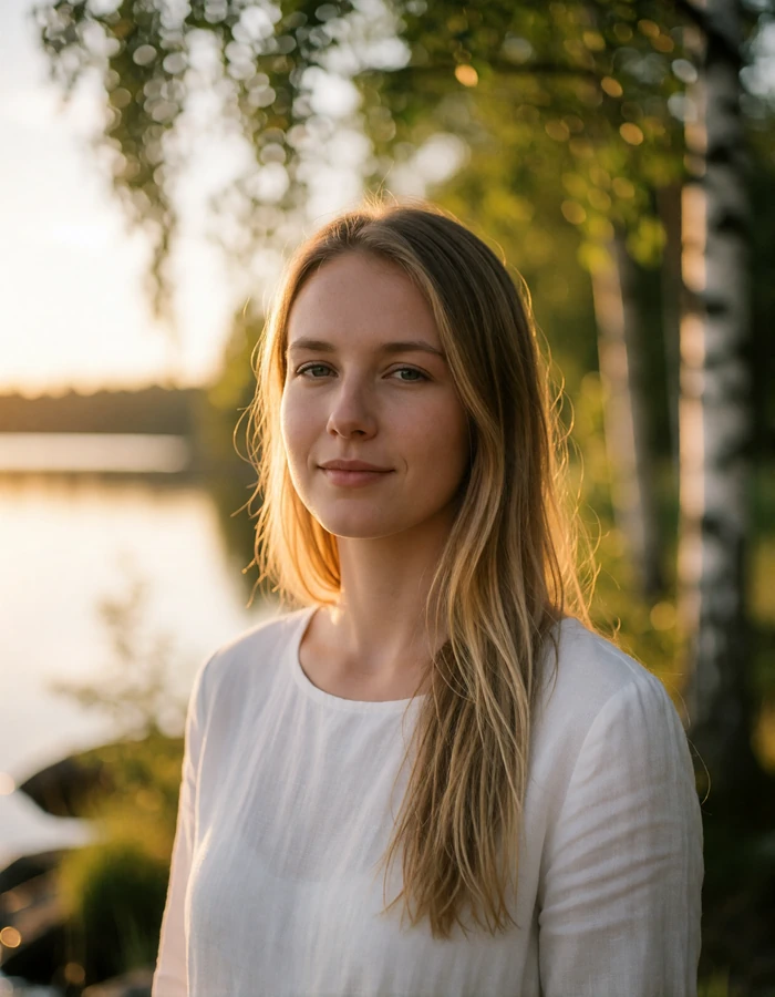 Swedish woman in her late twenties with long straight blonde hair and a white linen blouse beside a Swedish lake