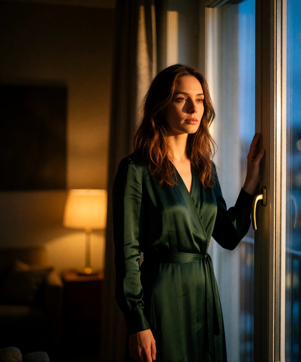 Woman in a dark green silk dress standing near a tall Nordic window at blue hour, looking out at the city
