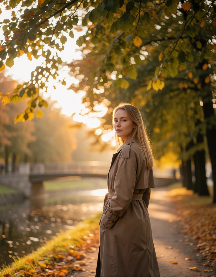 Latvian woman in her late twenties with straight blonde hair walking along a tree-lined canal park in Riga during autumn