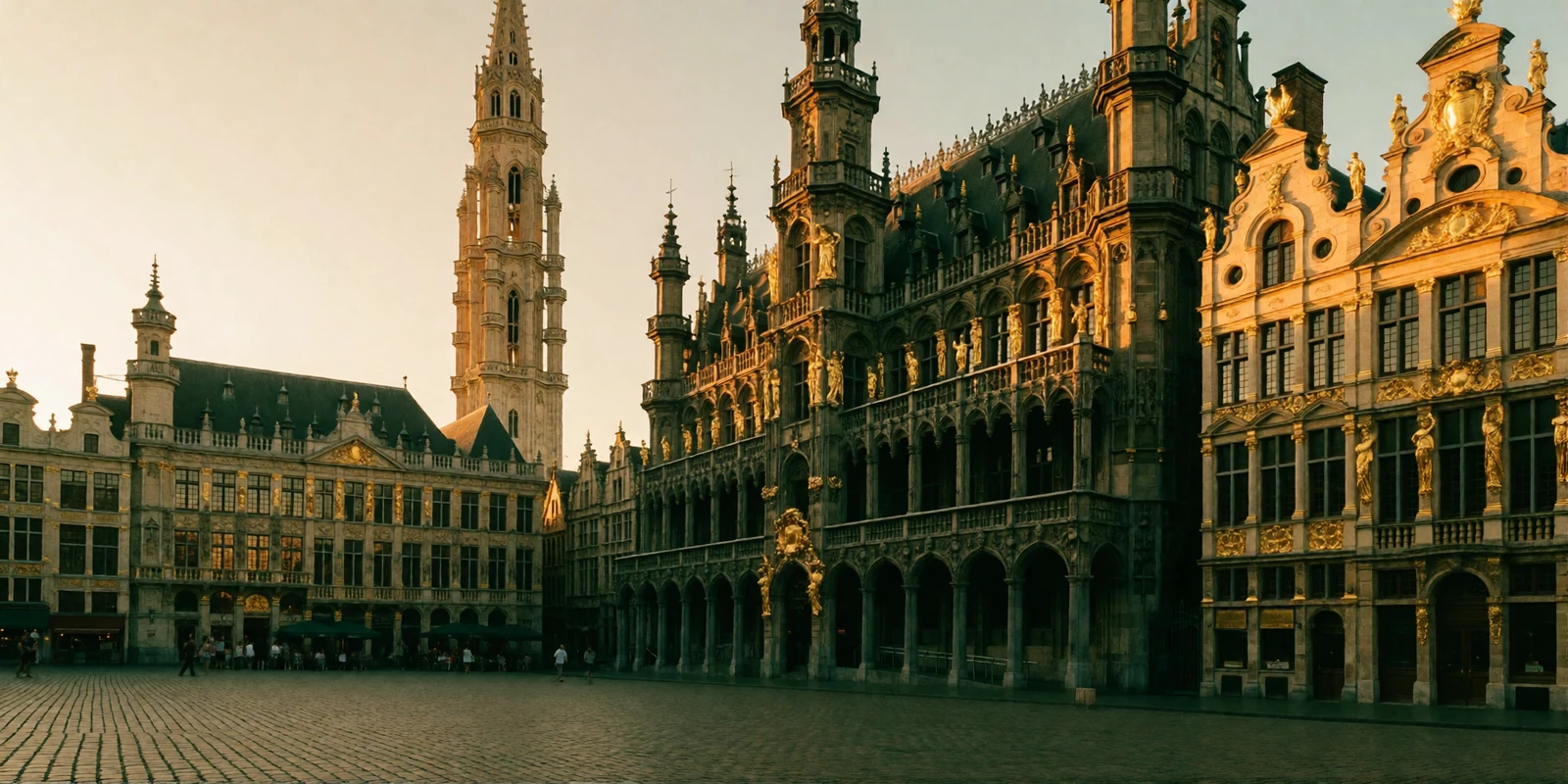 Golden-hour panorama of the ornate baroque guildhall facades of Brussels' central square