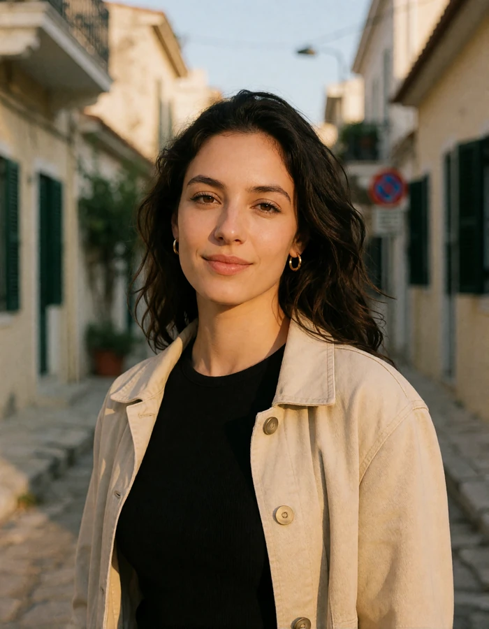 Greek woman in her late twenties with dark wavy hair and a beige jacket in front of an Athens neighborhood at evening