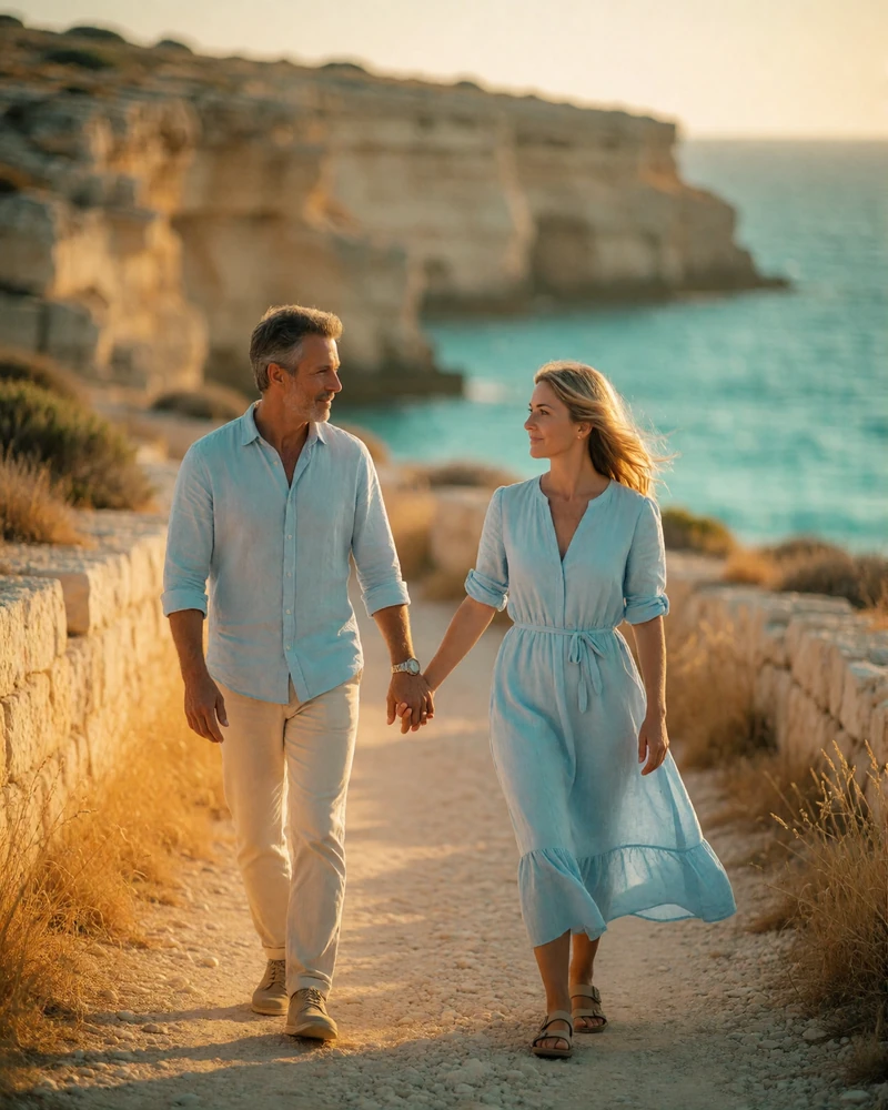 Couple in their forties walking hand in hand along a golden coastal path on Gozo at sunset
