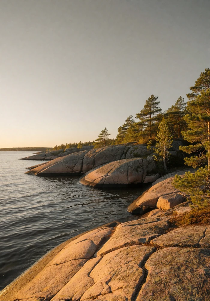 Rocky Finnish archipelago shore with smooth granite slabs and low pines beside calm Baltic water