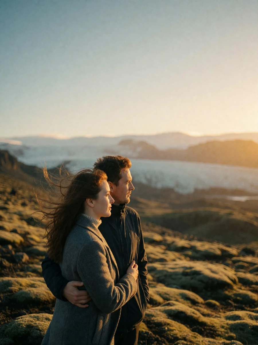 Couple in wool coats standing together on a windswept Icelandic ridge overlooking mossy volcanic terrain