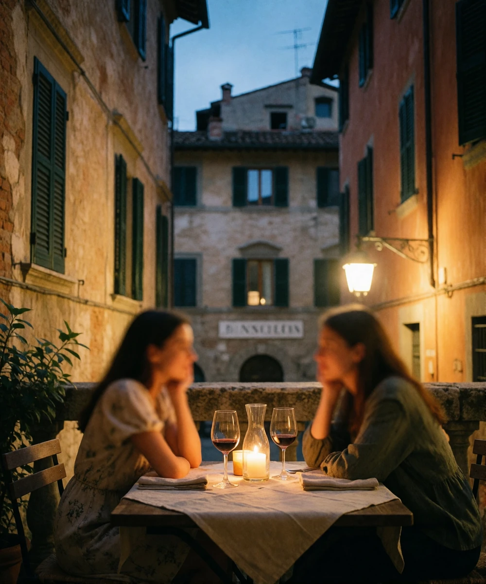 Small terrace dinner table set for two on an old Italian piazza at dusk, with warm lamplit stone facades in the background