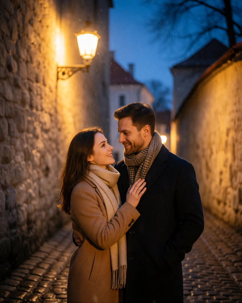 Couple standing close together on a cobbled Tallinn old-town lane at dusk with warm lantern light behind them