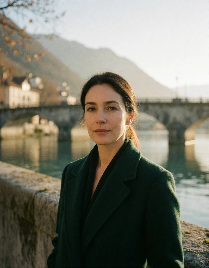 Andorran woman in her early forties in a deep green wool coat on a riverside walkway with mountains behind her