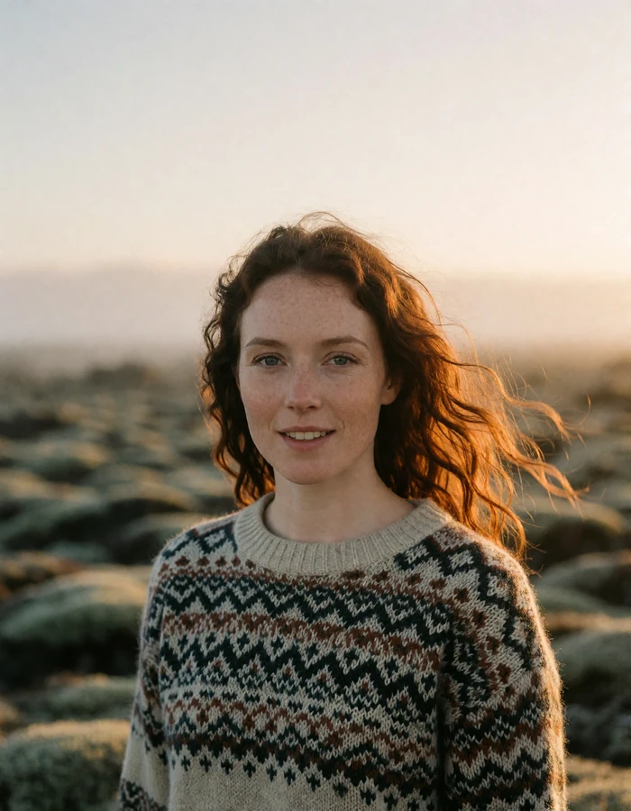 Icelandic woman in her early thirties with wavy auburn hair and a wool sweater near a moss-covered lava field