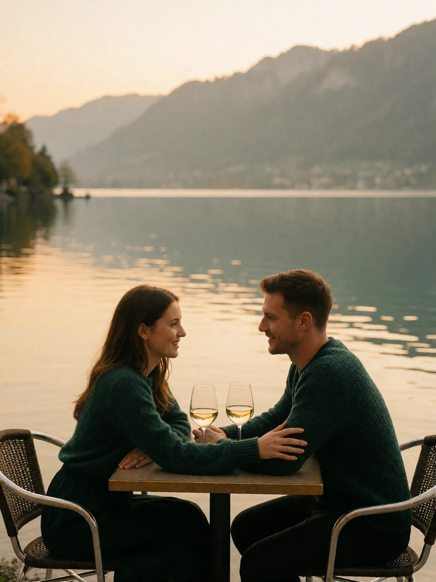 Couple sitting at a lakeside terrace table in Switzerland with two glasses of white wine between them