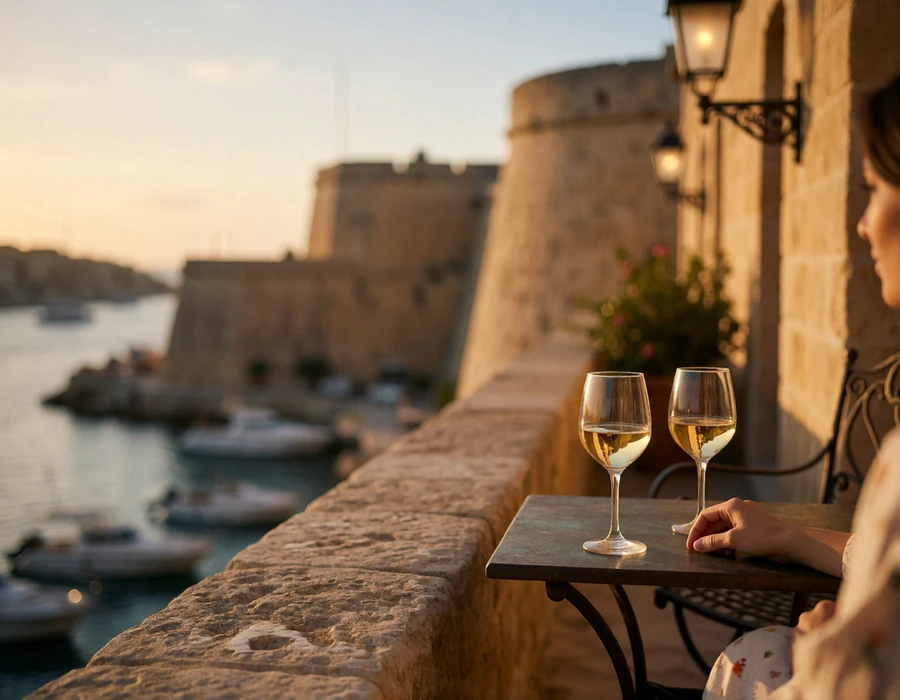 Stone terrace overlooking Malta's Grand Harbour at dusk with two glasses of wine on an iron table