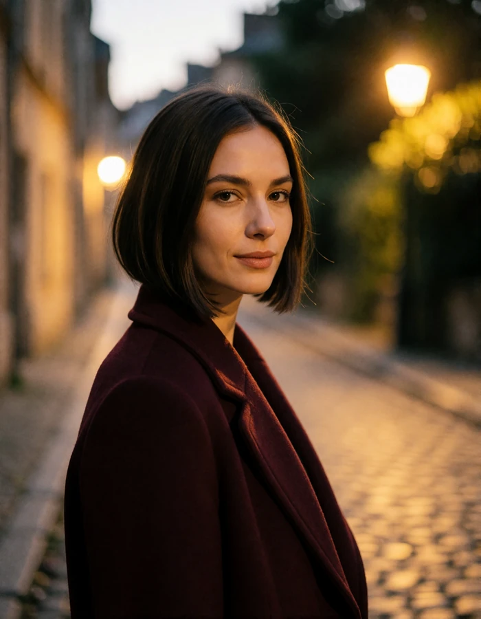 Belgian woman in her late twenties with a sleek dark bob and a burgundy wool coat on a cobbled lane