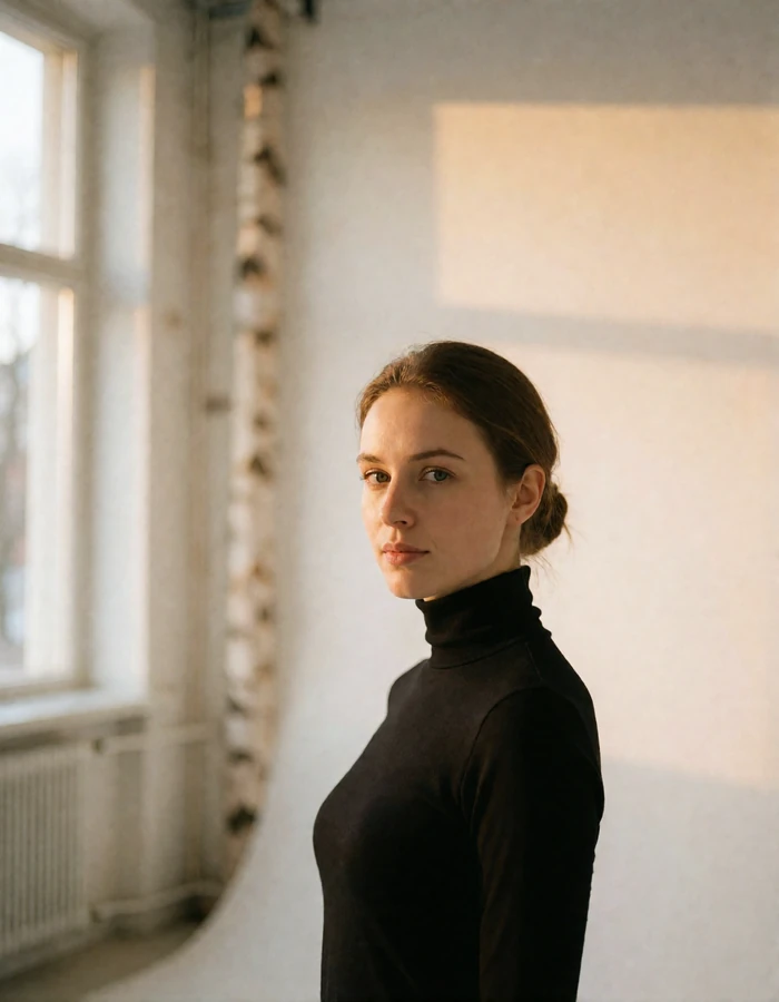 Estonian woman in a black roll-neck standing in a bright minimal studio space with pale wood walls