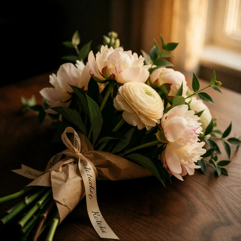 Loosely tied seasonal bouquet of pale peonies and cream ranunculus wrapped in kraft paper