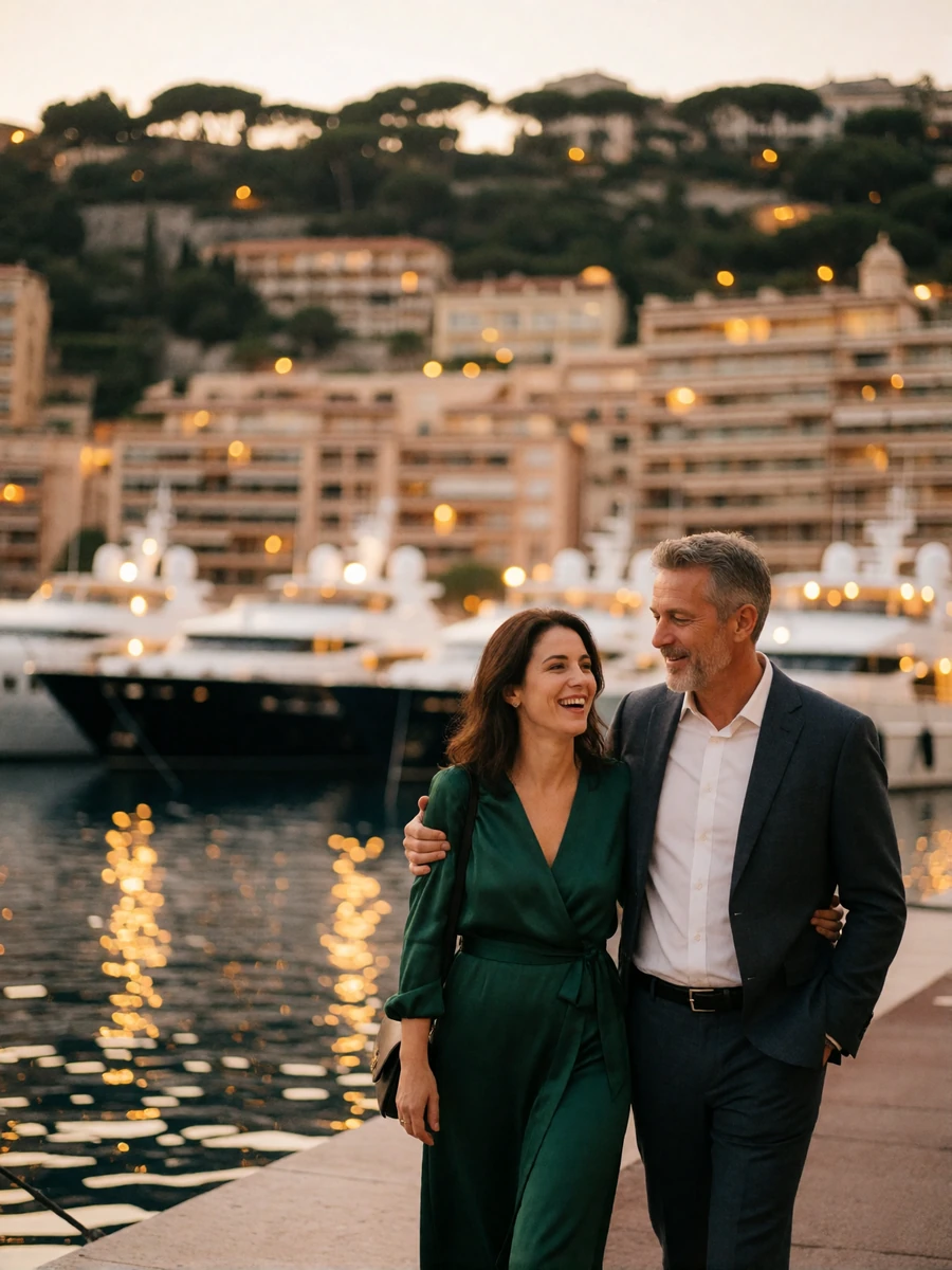 Couple in their forties walking arm in arm along the Monaco harbor promenade at dusk with yacht lights behind them