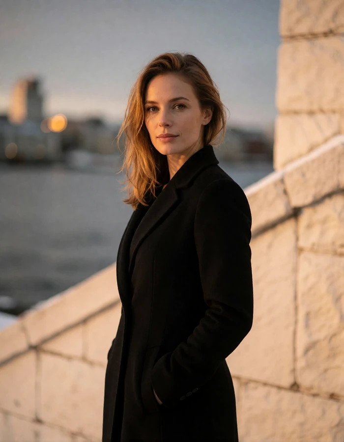 Norwegian woman in her mid-thirties in a fitted black coat near pale stone architecture by a northern harbor at dusk