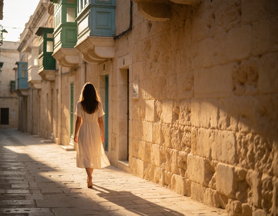 Woman in a light dress walking down a narrow Maltese limestone street lined with painted wooden balconies