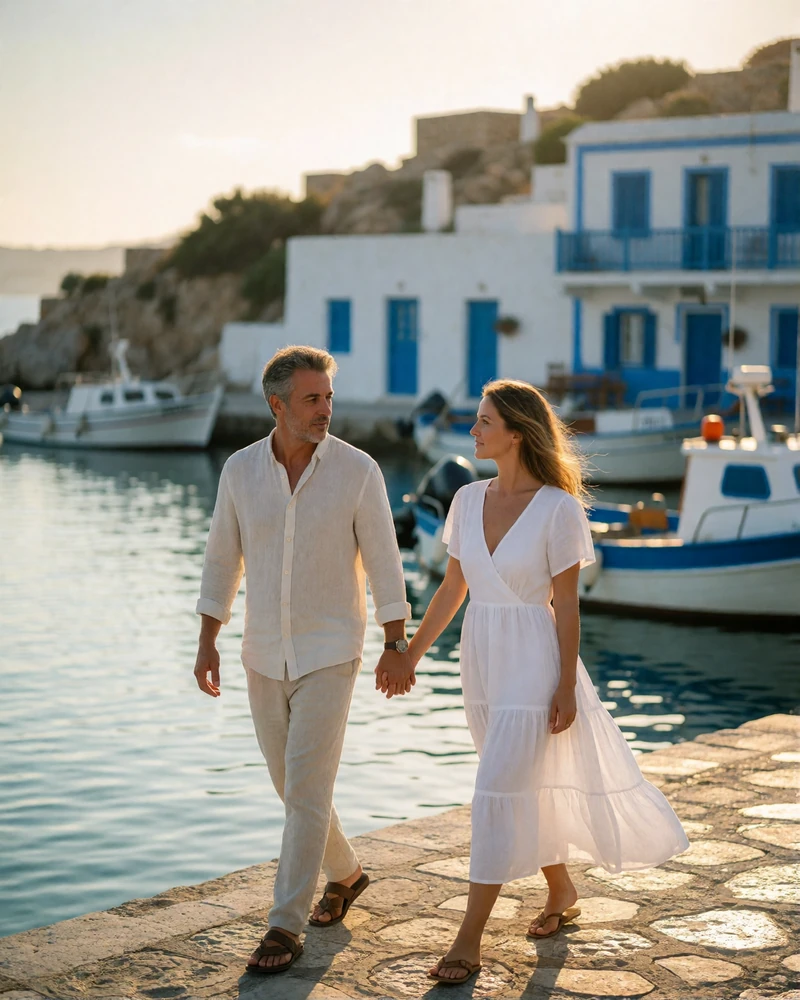 Couple in their forties walking hand in hand along a Greek island harbor at golden hour