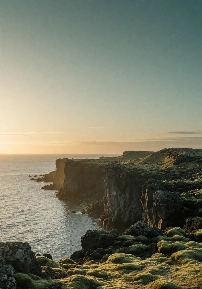 Dark Icelandic basalt cliffs meeting pale green moss and silver ocean