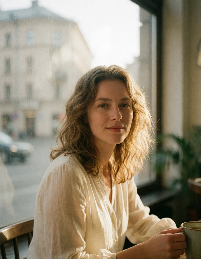 Latvian woman in her mid thirties seated by a cafe window in Riga with a ceramic cup on the table