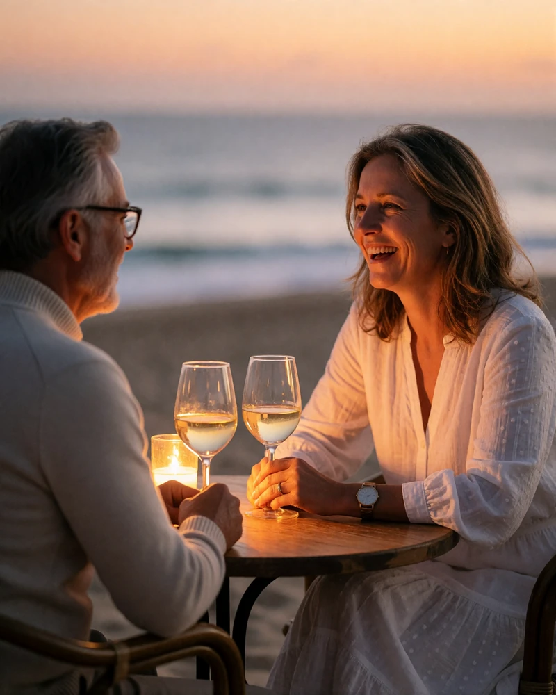 Couple in their forties at a small seaside table on the Portuguese coast at dusk, sharing wine and conversation