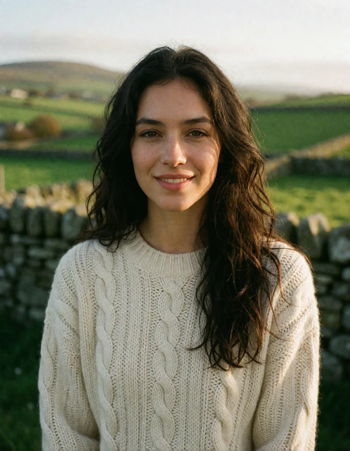 Young Irish woman in her late twenties in a cream sweater standing in rolling countryside near Kilkenny