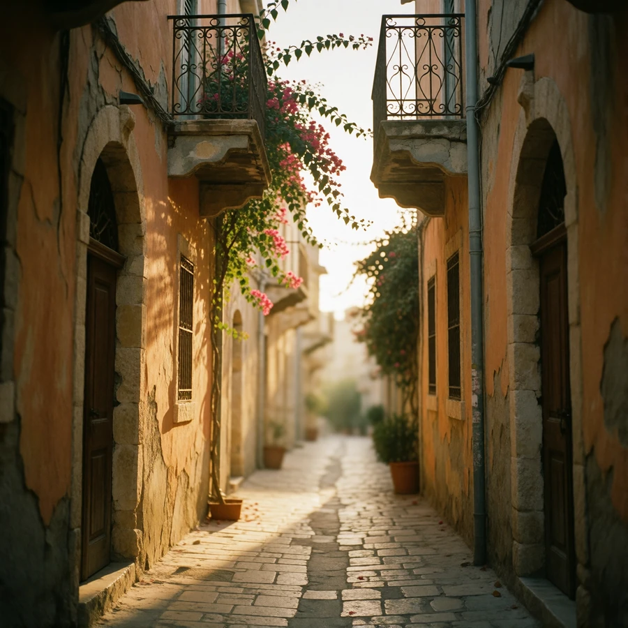 Narrow ochre-walled lane in old Nicosia with bougainvillea and a sunlit opening at golden hour