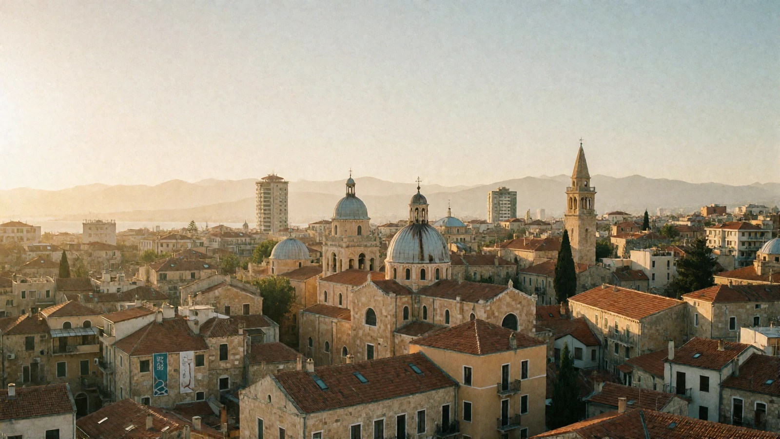 Golden-hour view of Nicosia's Venetian walls and ochre rooftops with distant mountains in the haze