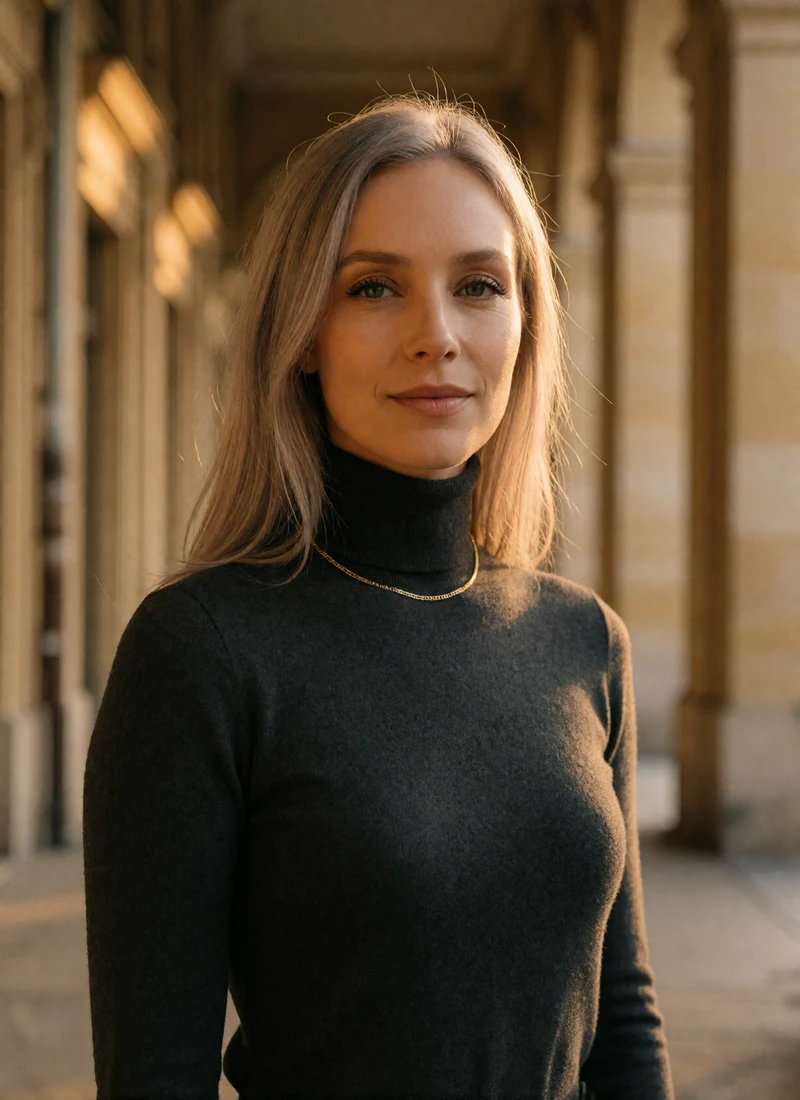 Swiss woman in her early thirties with straight ash-blonde hair standing in a Bern sandstone arcade