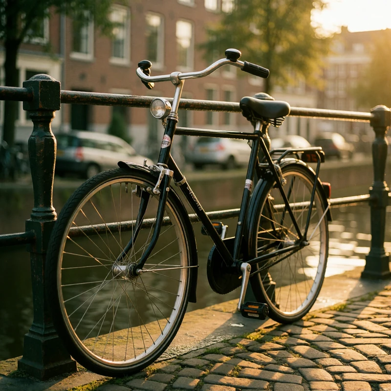 Classic black city bicycle leaning against an iron canal railing beside calm water in Amsterdam
