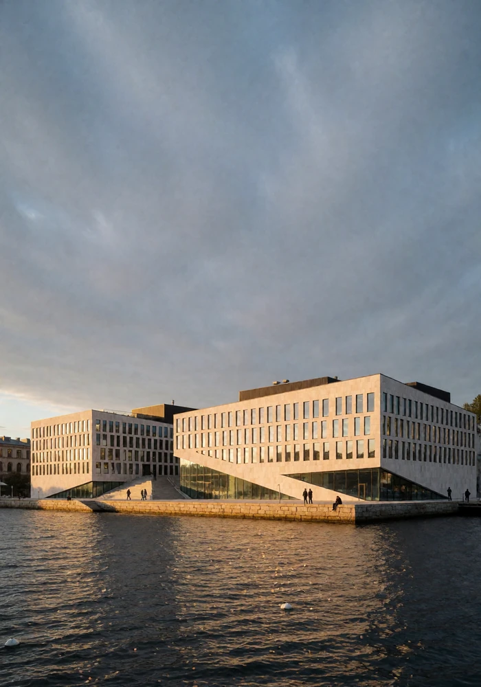 Pale modern stone buildings along the Oslo harbor front above dark fjord water