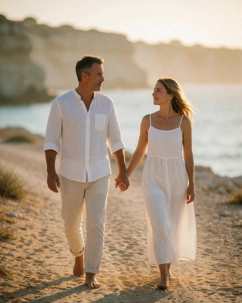 Couple in their forties walking barefoot along a quiet Spanish coastal path at golden hour holding hands