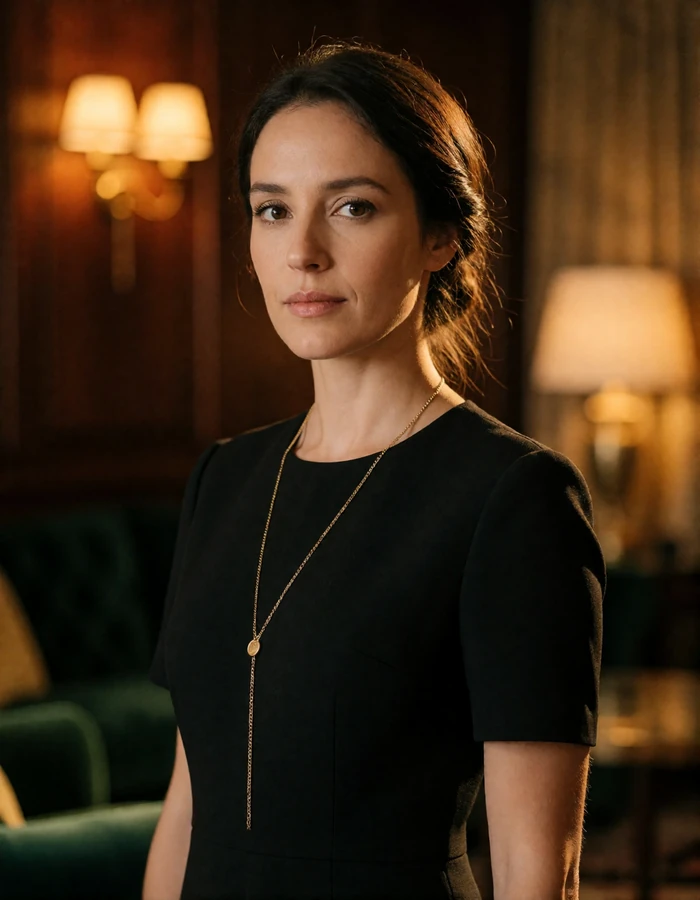 Spanish woman in her mid thirties with dark hair in a low twist wearing a black dress in a warm-lit Madrid hotel lounge