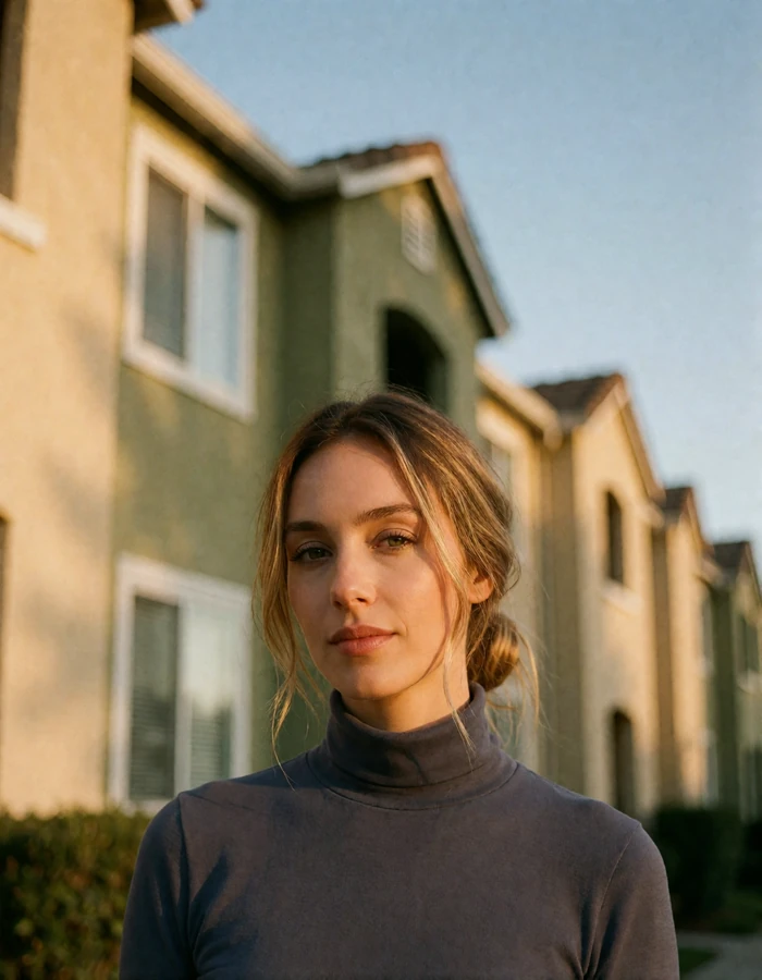 German woman in her early thirties with dark-blonde hair in a low knot wearing a slate-grey turtleneck near Berlin apartment facades