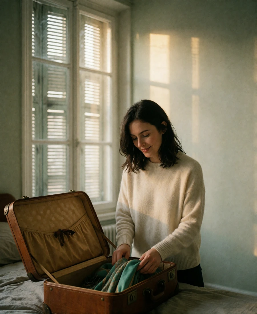 Woman folding a scarf beside an open suitcase in a sunlit European apartment while preparing to travel