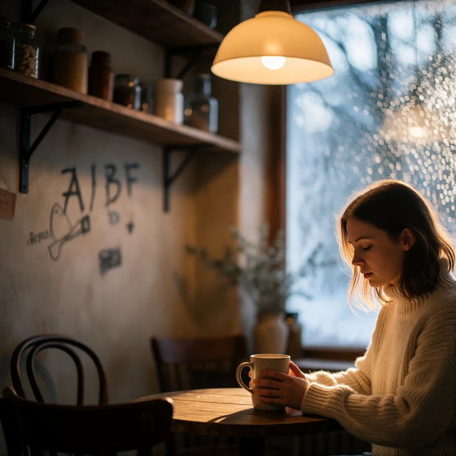 Woman in a cream sweater seated by a frosted window in a small Tallinn cafe, hands around a ceramic mug