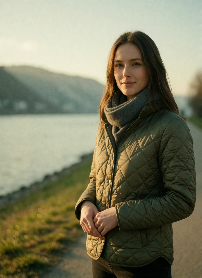 Woman in her late twenties with straight chestnut hair on a Rhine riverside path in an olive quilted jacket