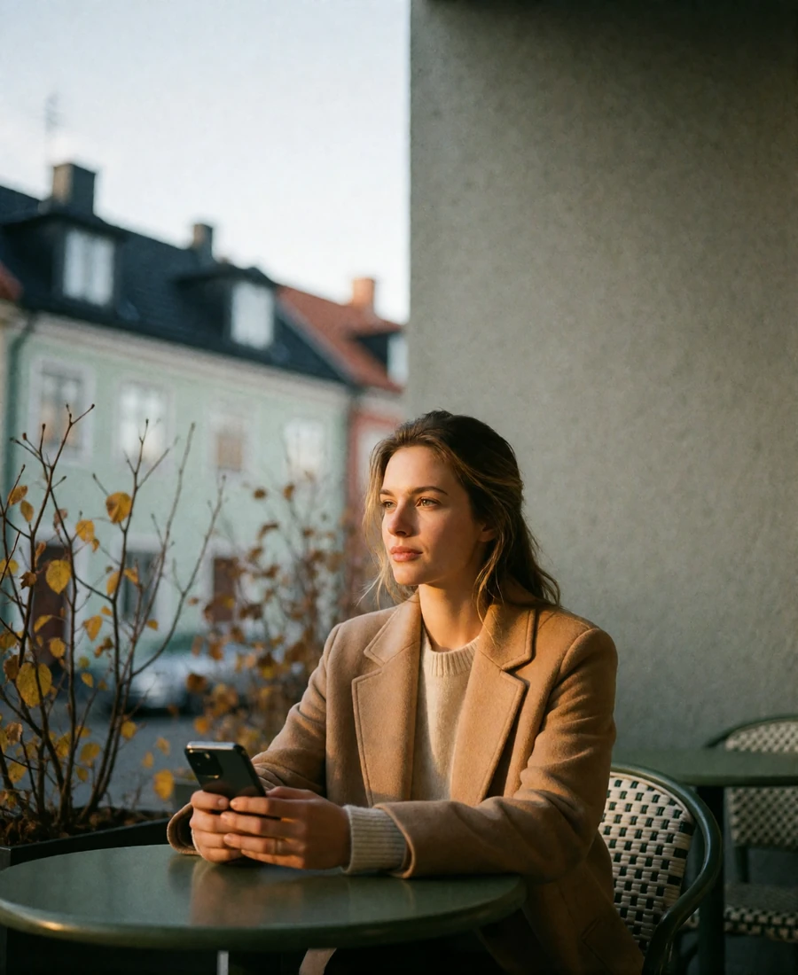 Poised woman in a camel coat holding her phone at a Nordic cafe terrace, glancing thoughtfully off camera