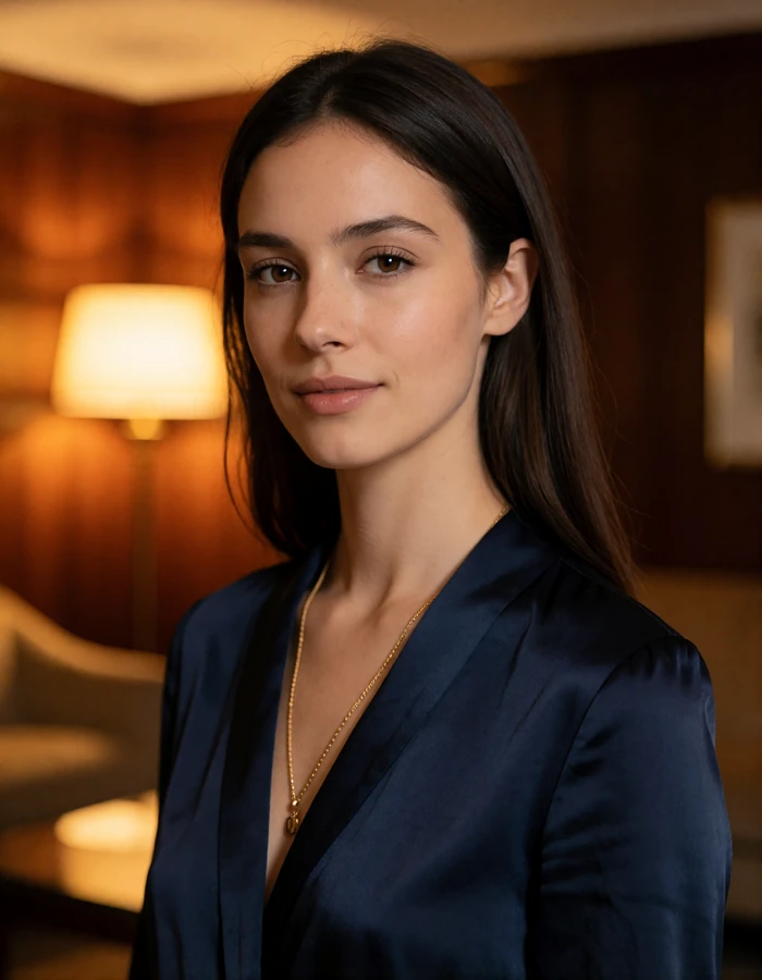 Greek woman in her late twenties in a navy evening blouse in a warmly lit hotel lounge