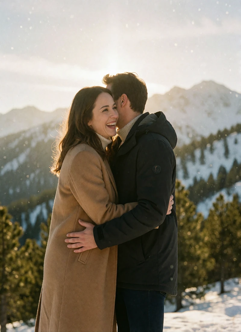 Couple in their late thirties at a mountain viewpoint in the Pyrenees with snow-dusted peaks behind them