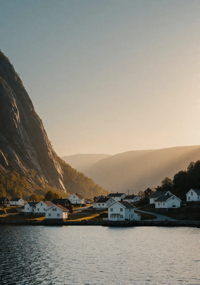 Small Norwegian fjord village with white timber houses beneath steep cliffs