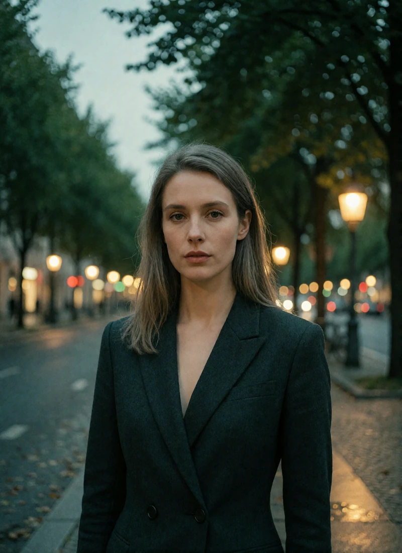 German woman in a tailored charcoal blazer on a Berlin boulevard at dusk