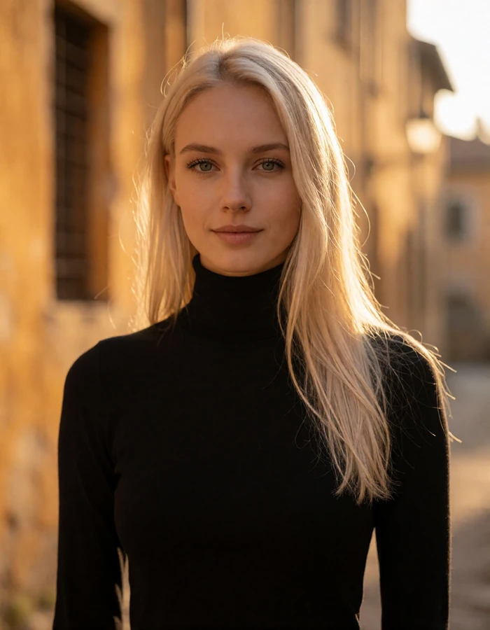 Swedish woman in her late twenties with long pale-blonde hair and a black turtleneck against warm old-town facades