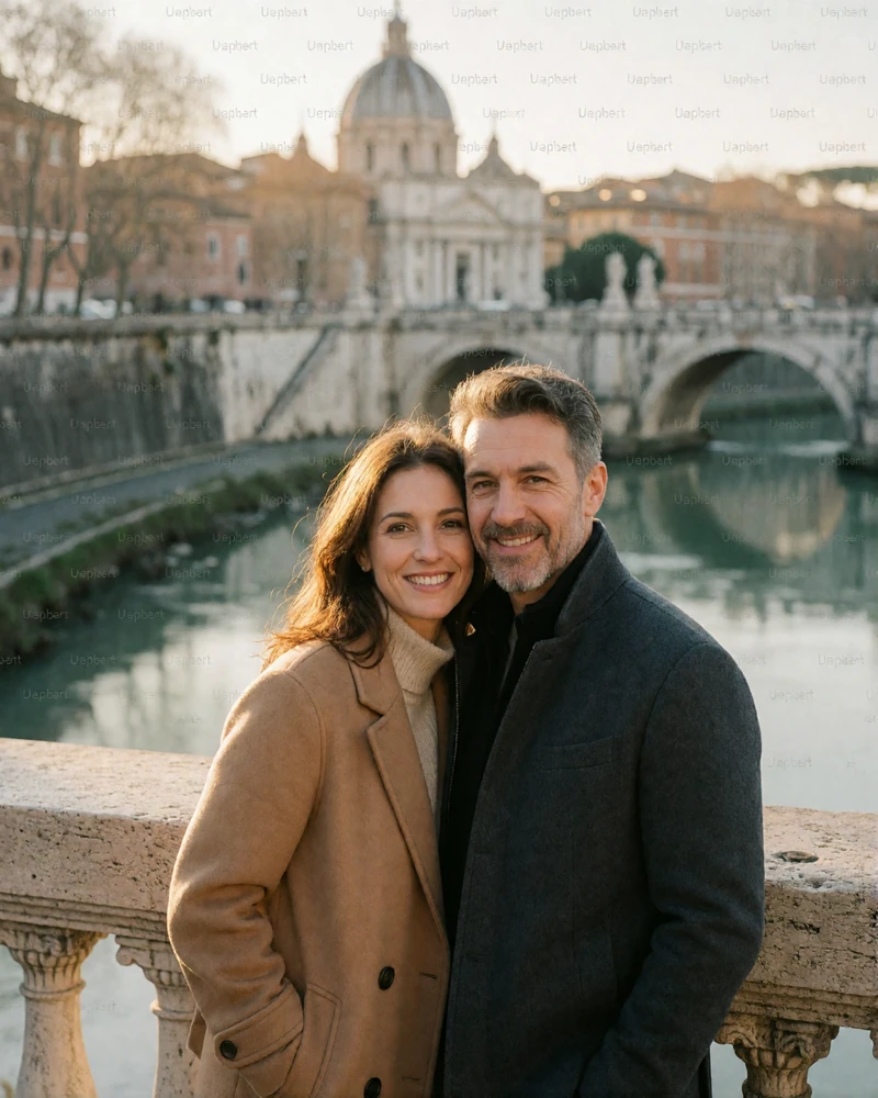 Couple in their late thirties standing close together on a Roman bridge over the Tiber at golden hour
