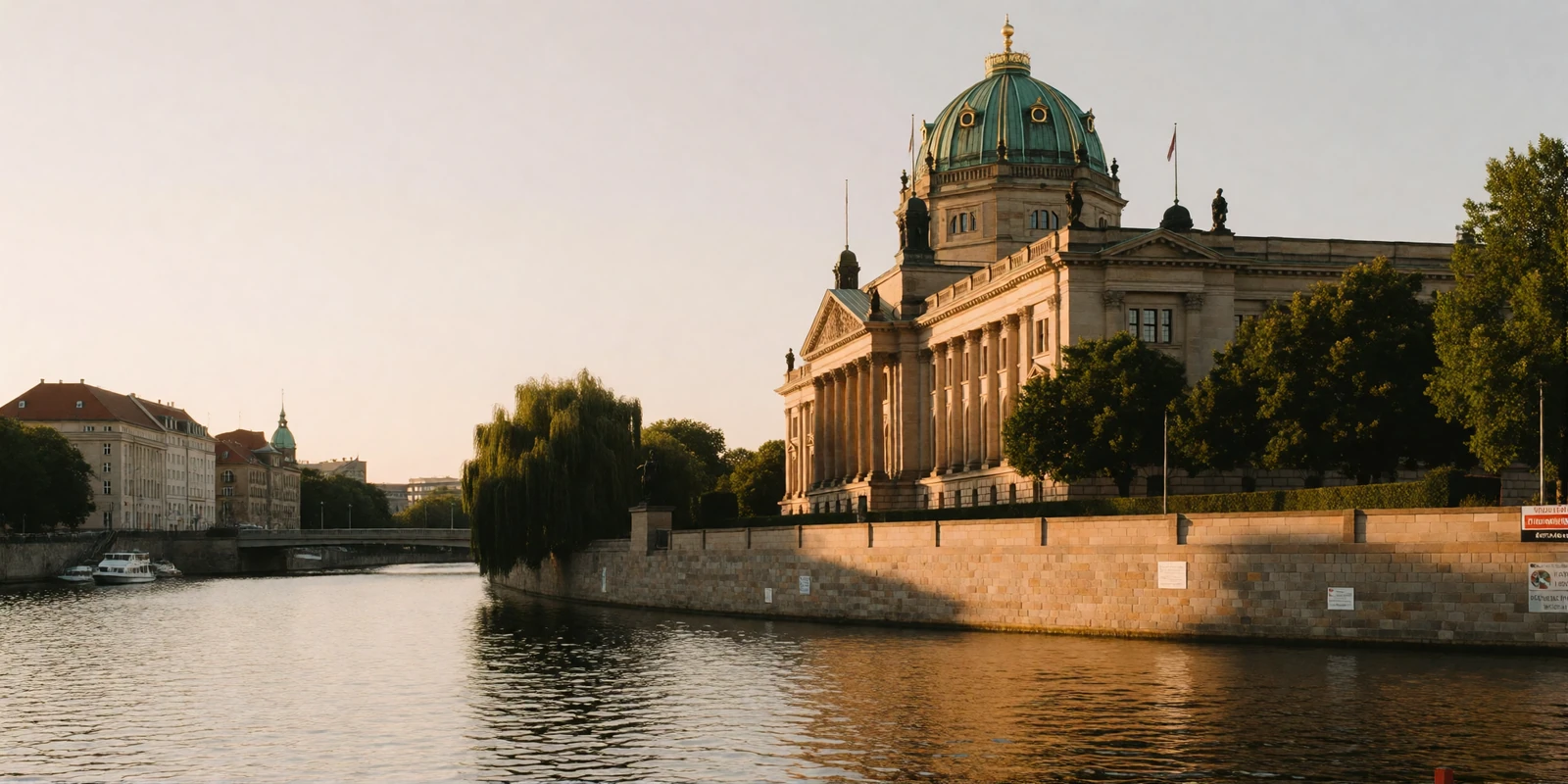 Golden-hour riverside panorama in central Berlin with a domed museum building and classical colonnade