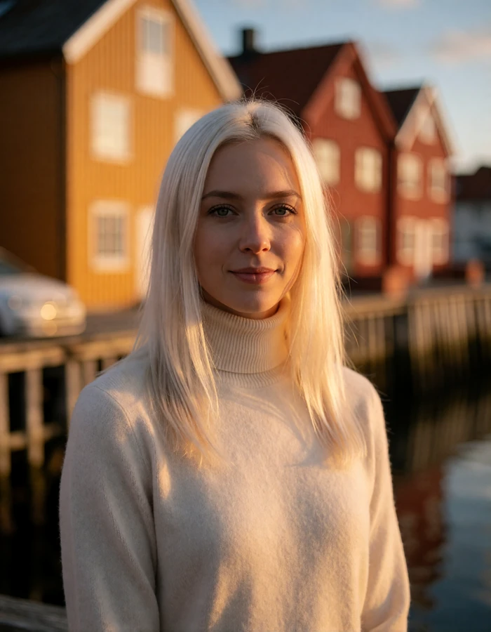 Norwegian woman in her late twenties with platinum-blonde hair in front of the colorful wooden wharf houses of a coastal town