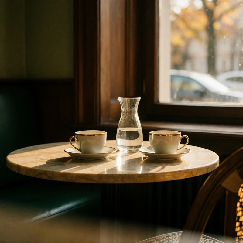 Marble-topped cafe table with porcelain cups and a water carafe inside a warm Berlin coffee house