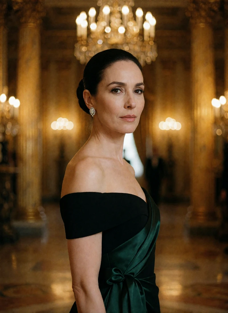 Woman in her late thirties with a dark chignon in a black off-shoulder gown in an ornate Riviera gala foyer
